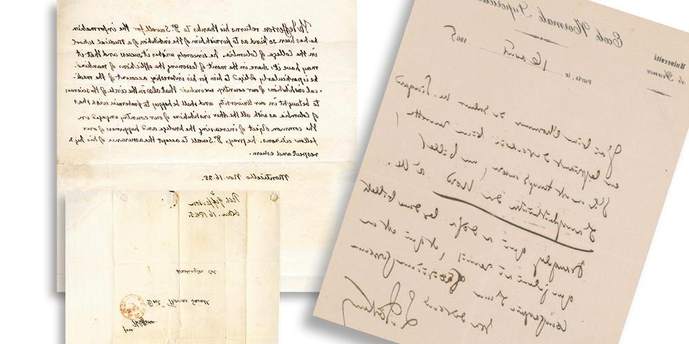 在上州健康科学图书馆的档案和特别收藏中，有一封托马斯·杰斐逊写的信, 正确的, 另一个是路易斯·巴斯德的, 左.